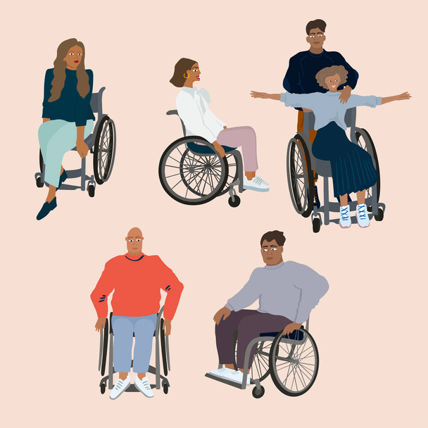Set of people in wheelchair. Disabled young men and women - Vector, Image