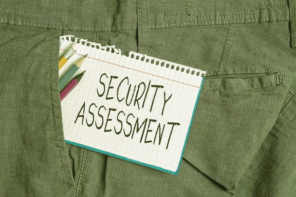 Word writing text Security Assessment. Business photo showcasing study to locate IT security vulnerabilities and risks Writing equipment and white note paper inside pocket of man work trousers - Photo, Image