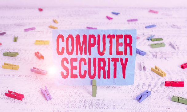 Word writing text Computer Security. Business photo showcasing protection of computer systems from theft or damage Green clothespin white wood background colored paper reminder office supply - Photo, Image