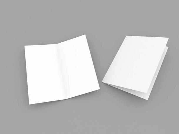 灰色の背景にパンフレットのモックアップを開きます。3Dレンダリング図. - 写真・画像