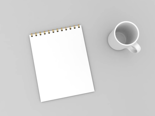 Cuaderno y taza se burlan de fondo gris. ilustración de renderizado 3d
. - Foto, imagen