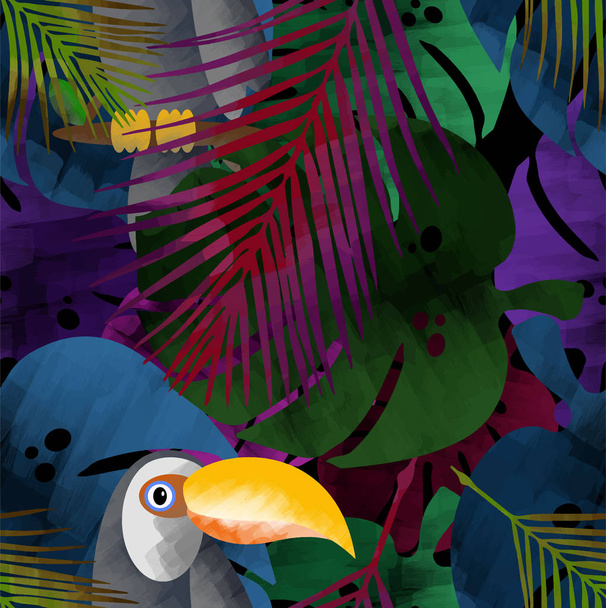 Cute parrot and big leaf on black background. Seamless modern pattern. - ベクター画像