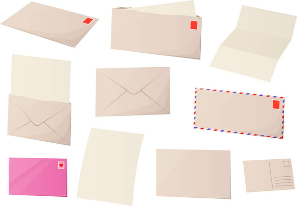 Vektorillustration verschiedener Briefe und Postkarten isoliert auf weißem Hintergrund. - Vektor, Bild