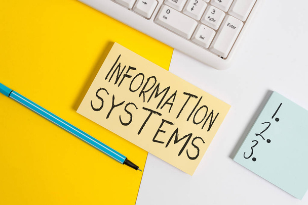 Writing note showing Information Systems. Business concept for study of systems with a exact reference to information Paper with copy space and keyboard above orange background table - Photo, Image