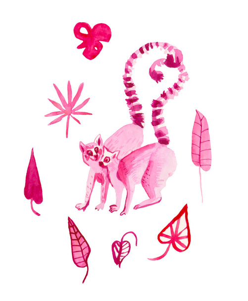 A set of watercolor in love pink lemurs and tropical leaves hand - Fotoğraf, Görsel