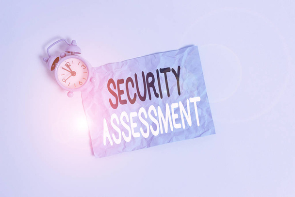 Conceptual hand writing showing Security Assessment. Concept meaning study to locate IT security vulnerabilities and risks Metal vintage alarm clock crush sheet sky colored background - Fotoğraf, Görsel