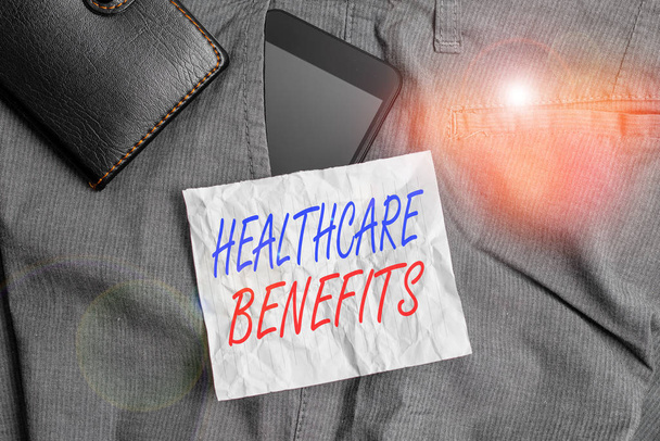 Text sign showing Healthcare Benefits. Business photo text use the health services without risk of financial ruin Smartphone device inside trousers front pocket with wallet and note paper - Fotoğraf, Görsel