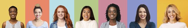 Collage of diverse multiethnic young women smiling over colorful backgrounds - Photo, Image