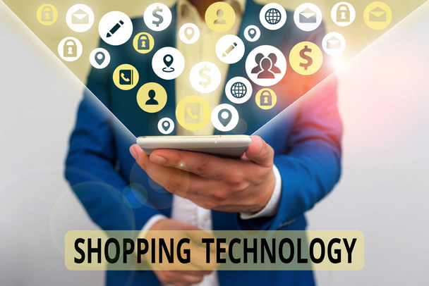 Woord schrijven tekst Shopping Technology. Bedrijfsfoto toont vooruitstrevende innovaties in de handel en procesautomatisering - Foto, afbeelding