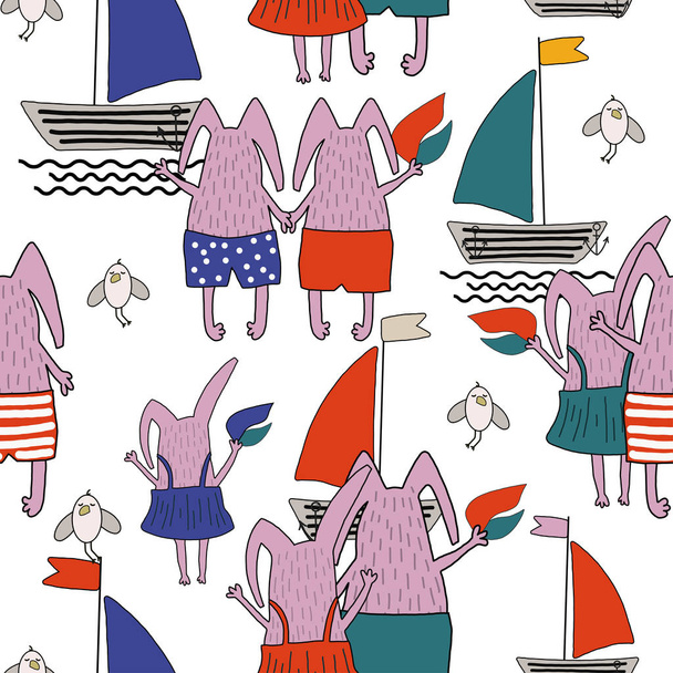 handgezeichnet Vektor niedlichen Cartoon nahtlose Musterillustration Kaninchen und Jacht auf dem weißen Hintergrund für Baby-Textil, Stoff, Leinen, Tapete Textur - Vektor, Bild