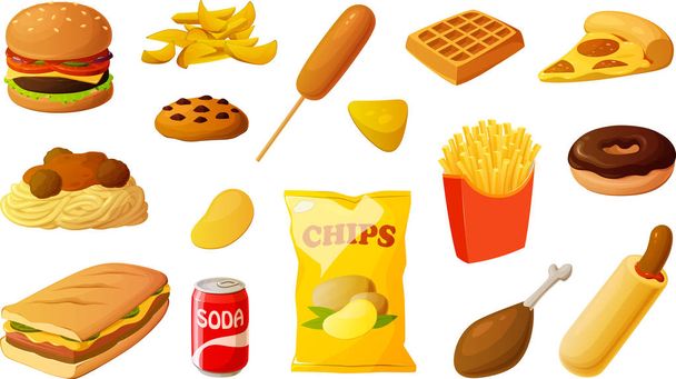 Ilustración vectorial de varios artículos de comida rápida poco saludables aislados sobre fondo blanco
. - Vector, imagen