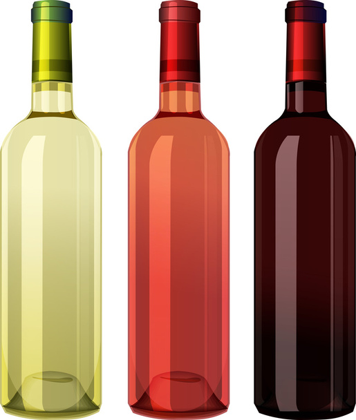 Set of white, rose and red wine bottles - Vector, Image