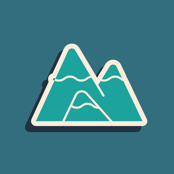 Green Mountains icoon geïsoleerd op blauwe achtergrond. Symbool van overwinning of succes concept. Lange schaduwstijl. Vector illustratie - Vector, afbeelding