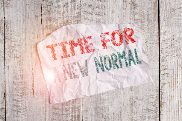 Text sign showing Time For A New Normal. Business photo showcasing Make a big dramatic change Replace the expected Crumpled torn paper half broken placed above classic wooden background - Photo, Image