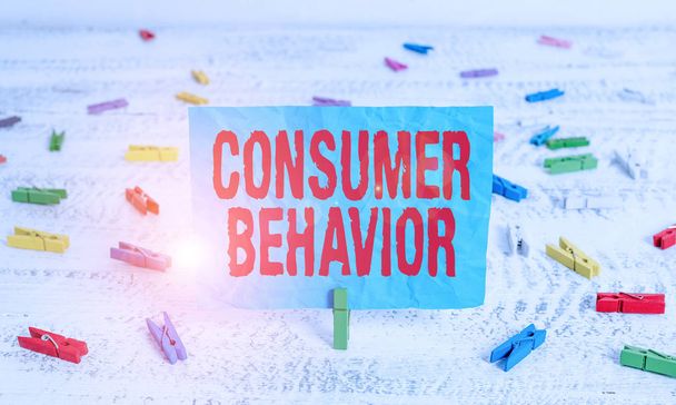 Word writing text Consumer Behavior. Business photo showcasing study of how individual customers interacts with the brand Green clothespin white wood background colored paper reminder office supply - Fotoğraf, Görsel