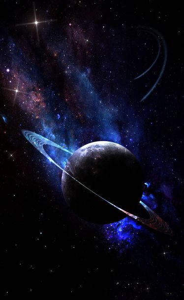 Soyut uzay çizimleri, Satürn gezegeni ve parlak yıldızların büyüsü. - Fotoğraf, Görsel