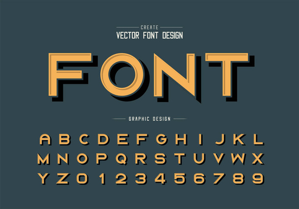 Zwarte schaduw lettertype en alfabet vector, Geel vet lettertype letter en nummer ontwerp, Grafische tekst op de achtergrond - Vector, afbeelding