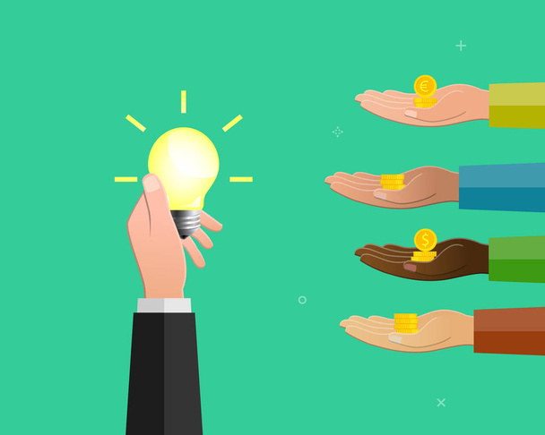 Mão segurando lâmpada como símbolo ideia e outros levantando dinheiro como conceito de crowdfunding
. - Vetor, Imagem