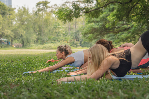 four diverse woman friends having fun workout and yoga together  - Foto, Imagen