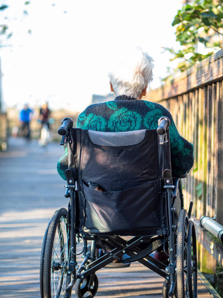 Пожилые азиатки, пожилые люди, сидят на инвалидных колясках на открытом воздухе
 - Фото, изображение