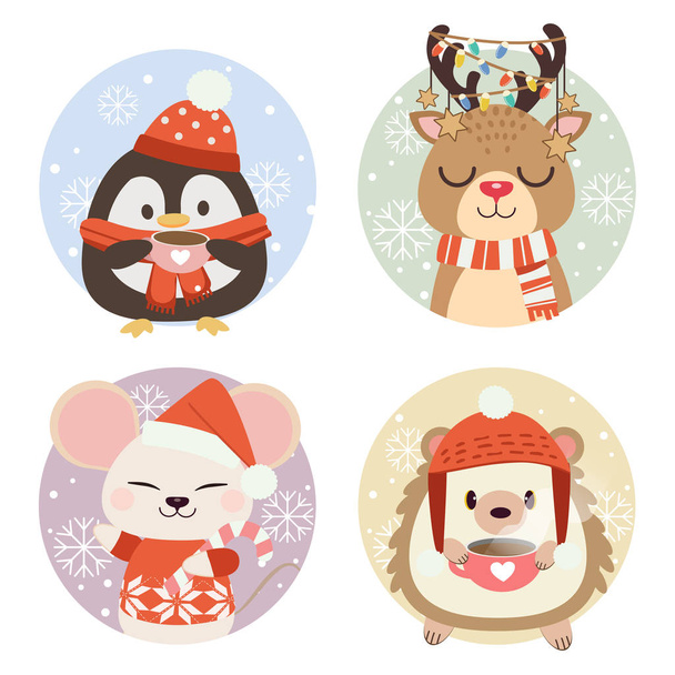 The collection of cute animals in circle with snow and snowflake - Vector, Image