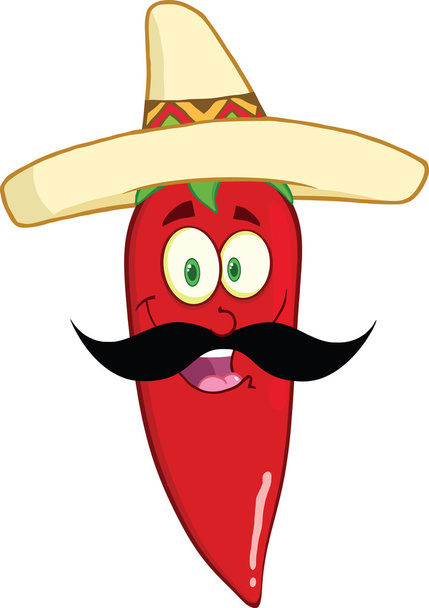 lachende rode chili peper stripfiguur met Mexicaanse hoed en snor - Foto, afbeelding