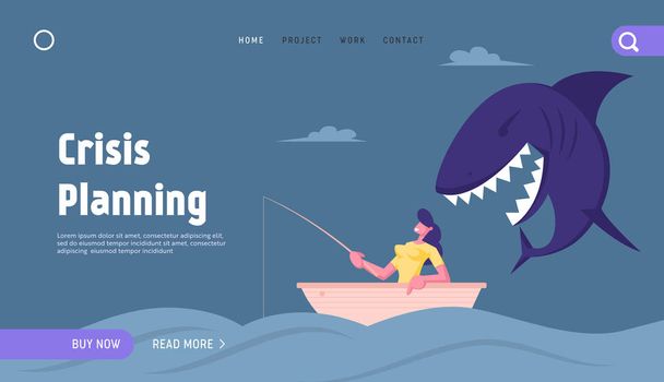 Несподівана криза, посадкова сторінка кредитного веб-сайту. Бізнес-леді ловить рибу з риболовецькою паличкою в морі. Величезна акула підстрибує ззаду Приготуйтеся атакувати веб-сторінковий банер. Мультфільм плоский Векторні ілюстрації
 - Вектор, зображення