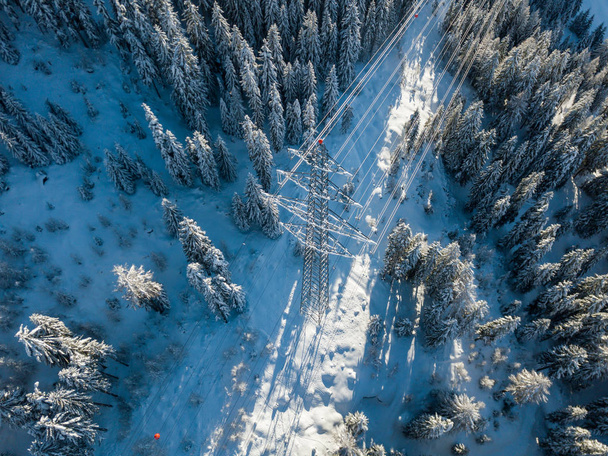 スイスの高山渓谷を通る電力線の空中ビュー。冬は雪に覆われた木。送電の概念. - 写真・画像