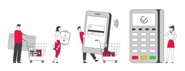 Zákazníci stojí ve frontě v supermarketu Připravte kreditní kartu, Smart Watch a Smartphone pro bezhotovostní platby na pokladně. Prodejkyně Hold Pos Terminal Cartoon Flat Vector Illustration, Line Art - Vektor, obrázek