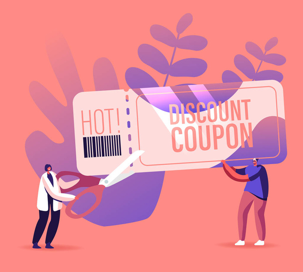 Sale and Discount Concept. Tiny Male and Female Characters Holding Huge Discount Coupon, Woman Cut with Scissors. Happy People Shopping Recreation, Price Off Promo. Cartoon Flat Vector Illustration - Vector, Image