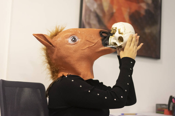 Horse Head Business Girl. Horse Head Mask Portraiture. - Photo, Image