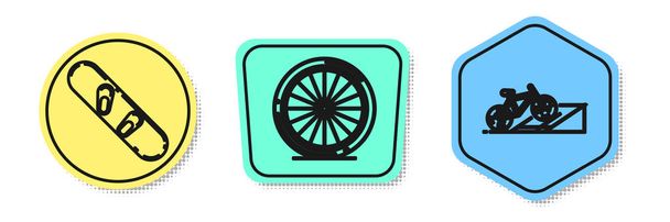 Set line Snowboard, Bicycle wheel and Bicycle on street ramp. Colored shapes. Vector - Vetor, Imagem
