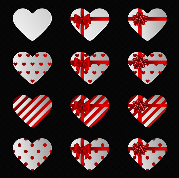 set white heart shaped gift boxes with red bow and ribbon for valentine's day - Vector, Image