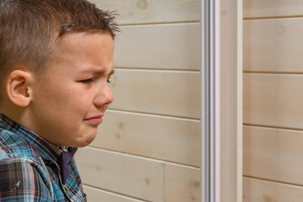 Ένα τετράχρονο αγόρι με μπλε φανελάκι κλαίει στο φως.  - Φωτογραφία, εικόνα