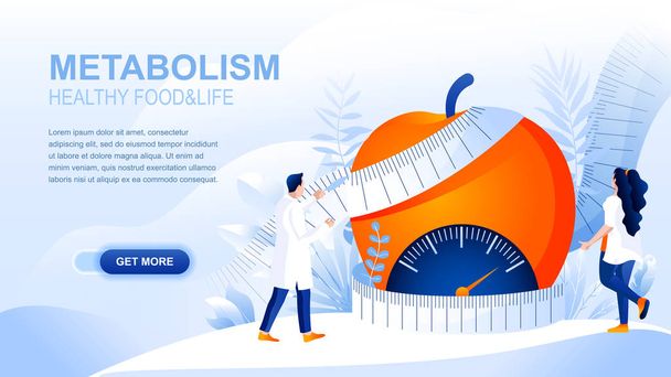 Metabolism flat landing page with header, banner vector template. Healthy food and body, dieting, losing weight website layout. Treating obesity webpage. Nutritionist cartoon character - Vector, Image