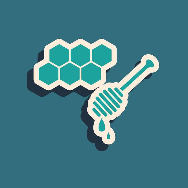 Green Honeycomb with honey dipper stickicon isolated on blue background. Honey ladle. Honey cells symbol. Sweet natural food. Long shadow style. Vector Illustration - ベクター画像