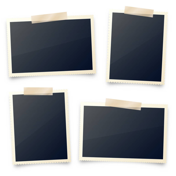 Realistic blank photo card frame, film set. Retro vintage photograph with adhesive tape and shadow. Digital snapshot image. Photography art. Template or mockup for design. Vector illustration. - Vector, Image
