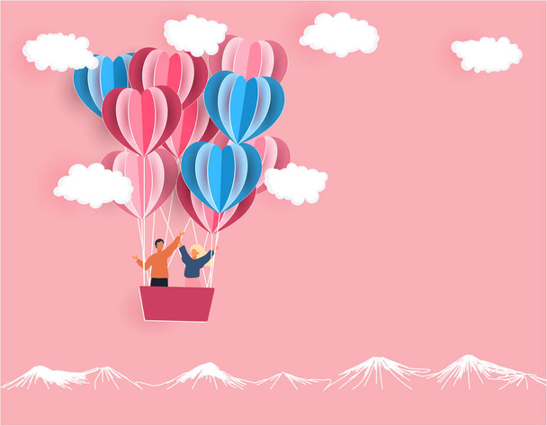 Valentine s Day. A young joyful couple is flying in the same boat. Balloons in the shape of hearts carved from paper. illustration - Вектор,изображение