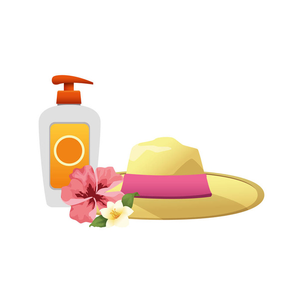 women beach hat with sun bronzer bottle icon, colorful design - Vektor, Bild