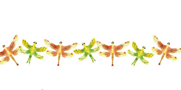 Watercolor hand painted nature fauna banner line composition with orange, green and yellow dragonfly insects set on the white background for design elements with the space for text - Fotó, kép