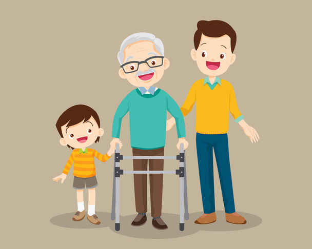 Grandson and dad help him grandfather to go to the walker - Vector, Image