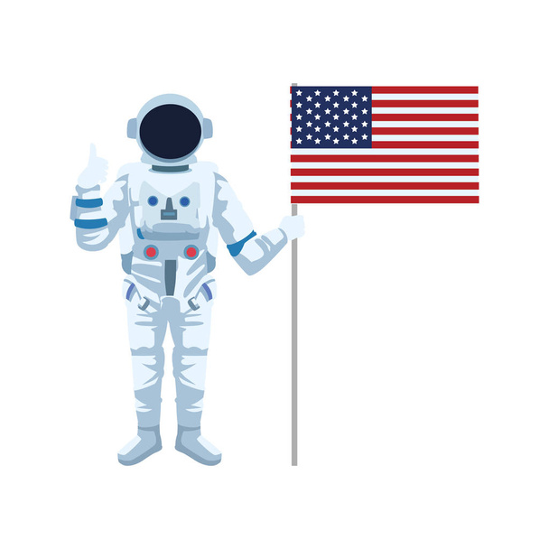 Astronaut álló és tartó zászló az Amerikai Egyesült Államok zászlója pólus, színes design - Vektor, kép