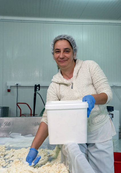 Gülümseyen Kadın İşçi Peynir Üretim Hattı Dairy Plant 'te - Fotoğraf, Görsel