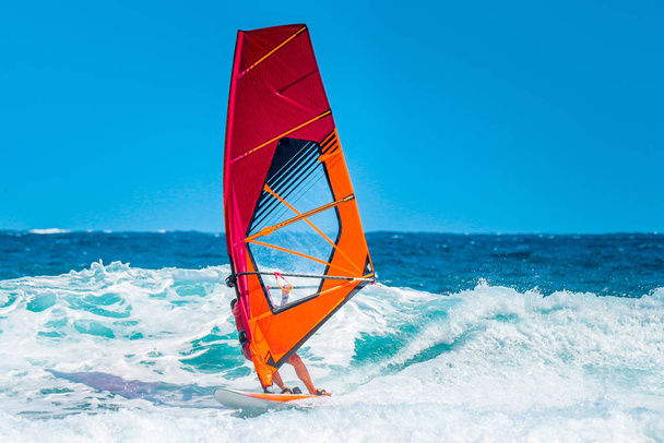 καλοκαιρινά σπορ: windsurfer ιππασία τα κύματα κατά τη διάρκεια ενός ηλιόλουστου καλοκαιρινού απογεύματος με το κόκκινο και πορτοκαλί πανί στα γαλάζια νερά του ωκεανού. - Φωτογραφία, εικόνα