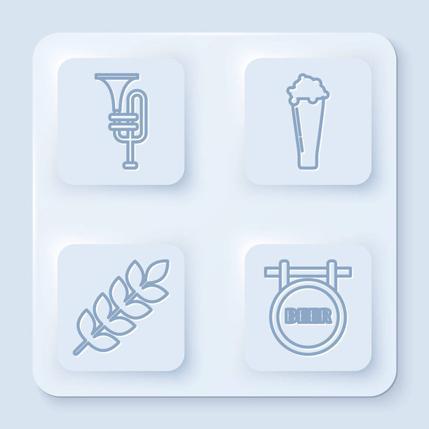 Set line Musical instrument trumpet, Glass of beer, Cereals set with rice, wheat, corn, oats, rye, barley and Street signboard with inscription Beer. White square button. Vector - Vektor, kép