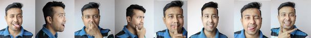 colagem panorâmica horizontal de diferentes expressões de um jovem indiano
 - Foto, Imagem