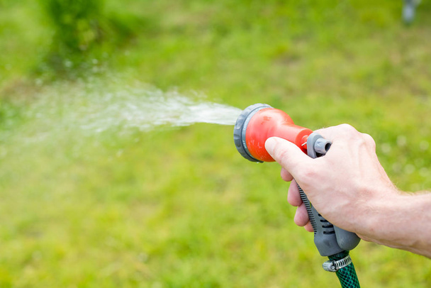 Watering beds and plants in summer garden from sprinkler.Watering lawn grass with a shower sprayer head.manual irrigation system irrigates flower beds, a green lawn and flowering bushes.Hose pipe - Zdjęcie, obraz