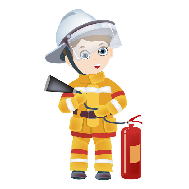 niño en traje de bombero con extintor en las manos
 - Vector, imagen