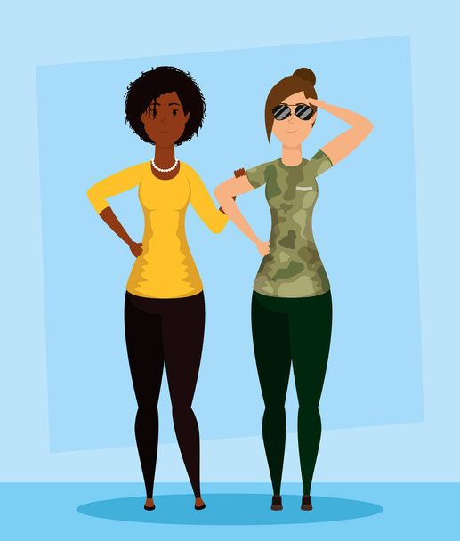 mladá žena s vojenským oblečením a afro dívka - Vektor, obrázek