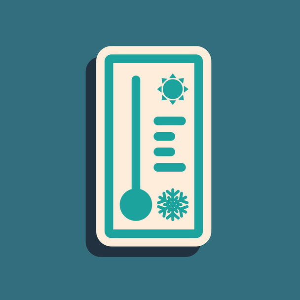 Vihreä Meteorologia lämpömittari mitata lämpöä ja kylmä ikoni eristetty sinisellä pohjalla. Lämpömittarilaitteet, joissa näkyy kuuma tai kylmä sää. Pitkä varjo tyyli. Vektorikuvaus
 - Vektori, kuva